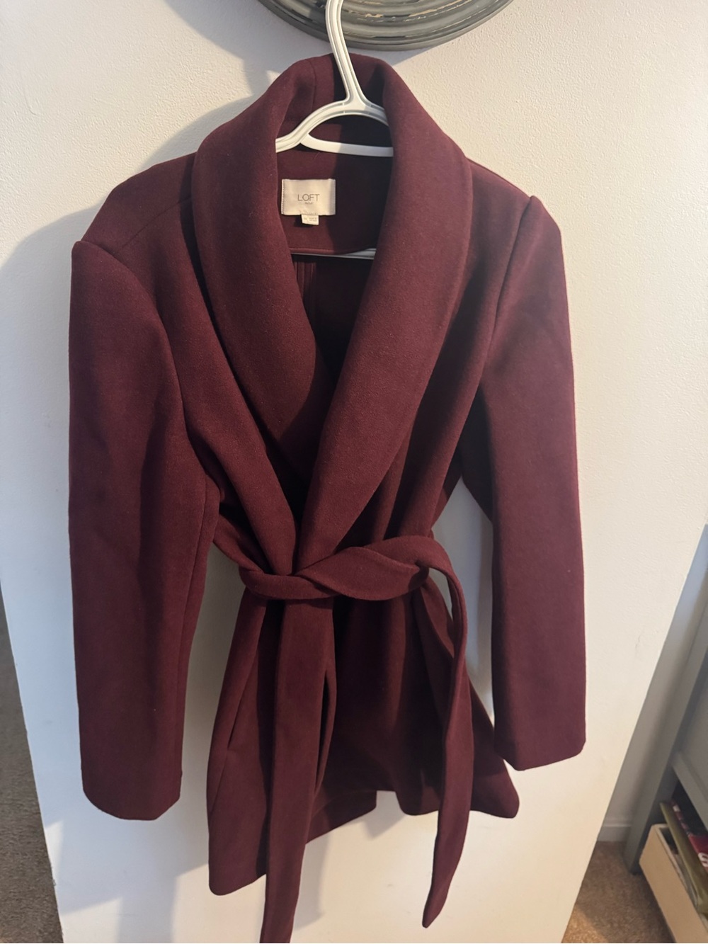 NWOT LOFT Burgundy Shawl-Collar Wrap Trench Coat